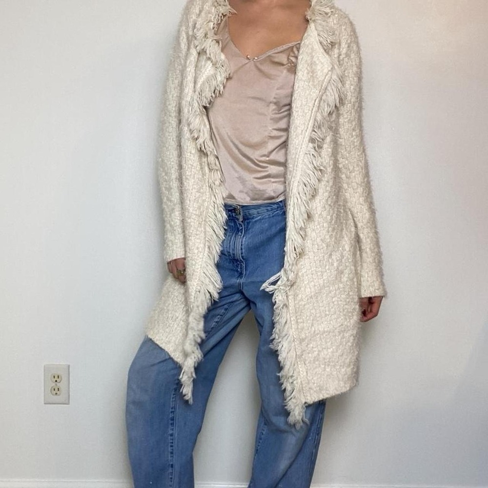 Cozy cream knit fringe longline textured open cardigan